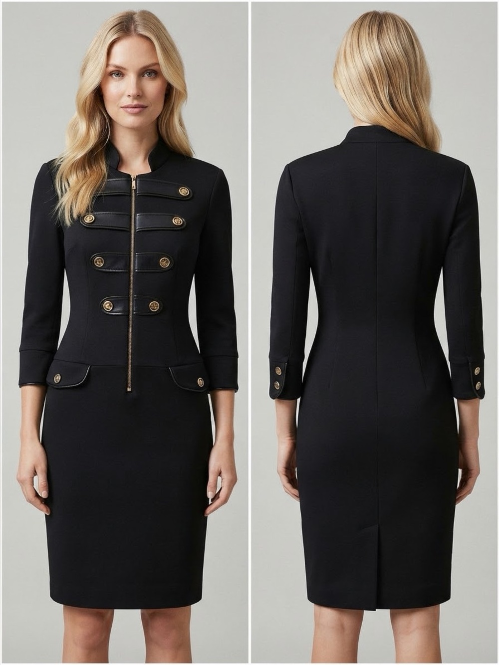 NWT WOMEN KNEE-LENGTH DRESS 3/4 SLEEVES MILITARY STYLE STAND-UP COLLAR BLACK